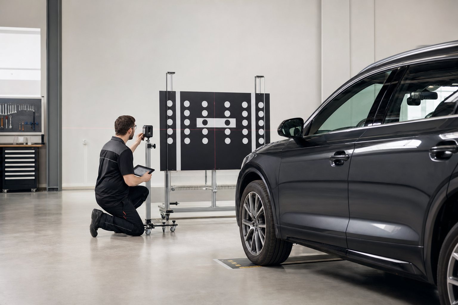 Technician aligning a vehicle in front of an ADAS camera-calibration target.