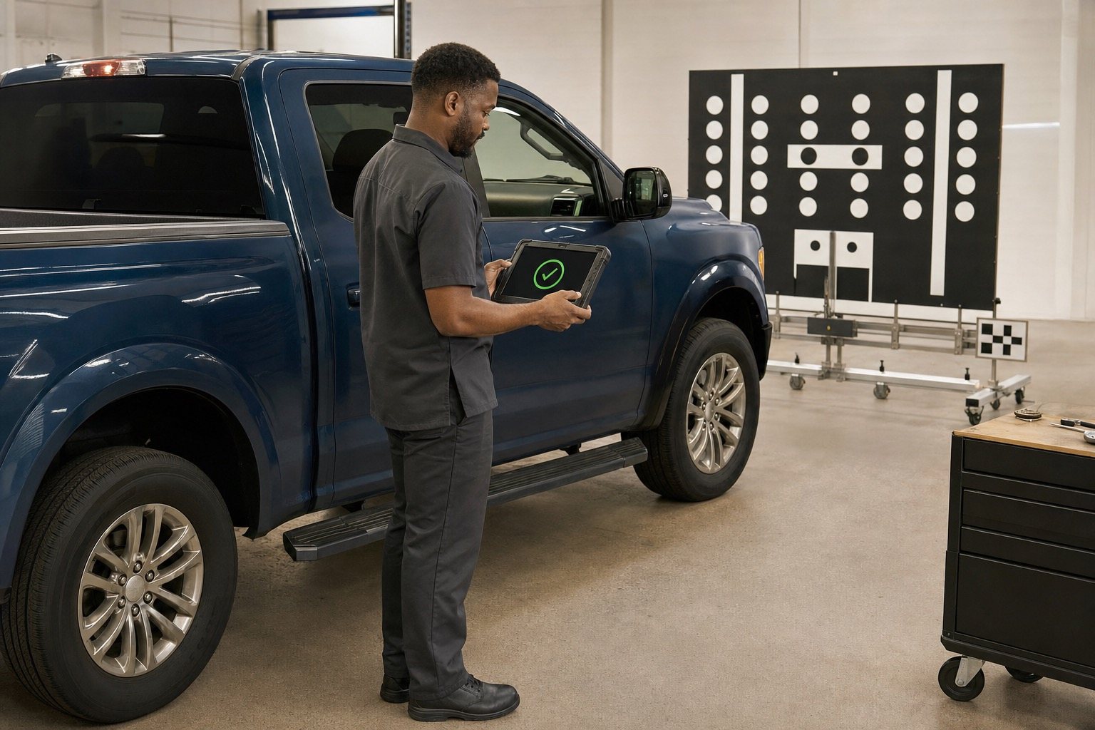 Technician reviewing a calibration indicator beside a pickup and target array.