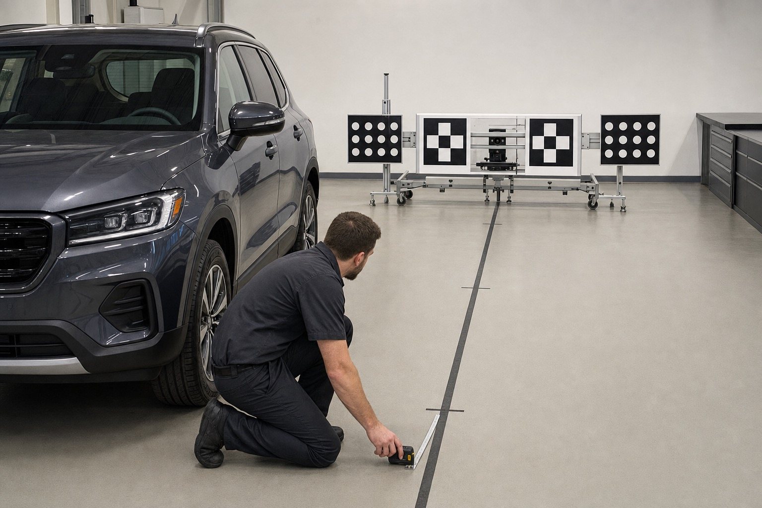 ADAS technician measuring target distance and centerline in front of a charcoal SUV.