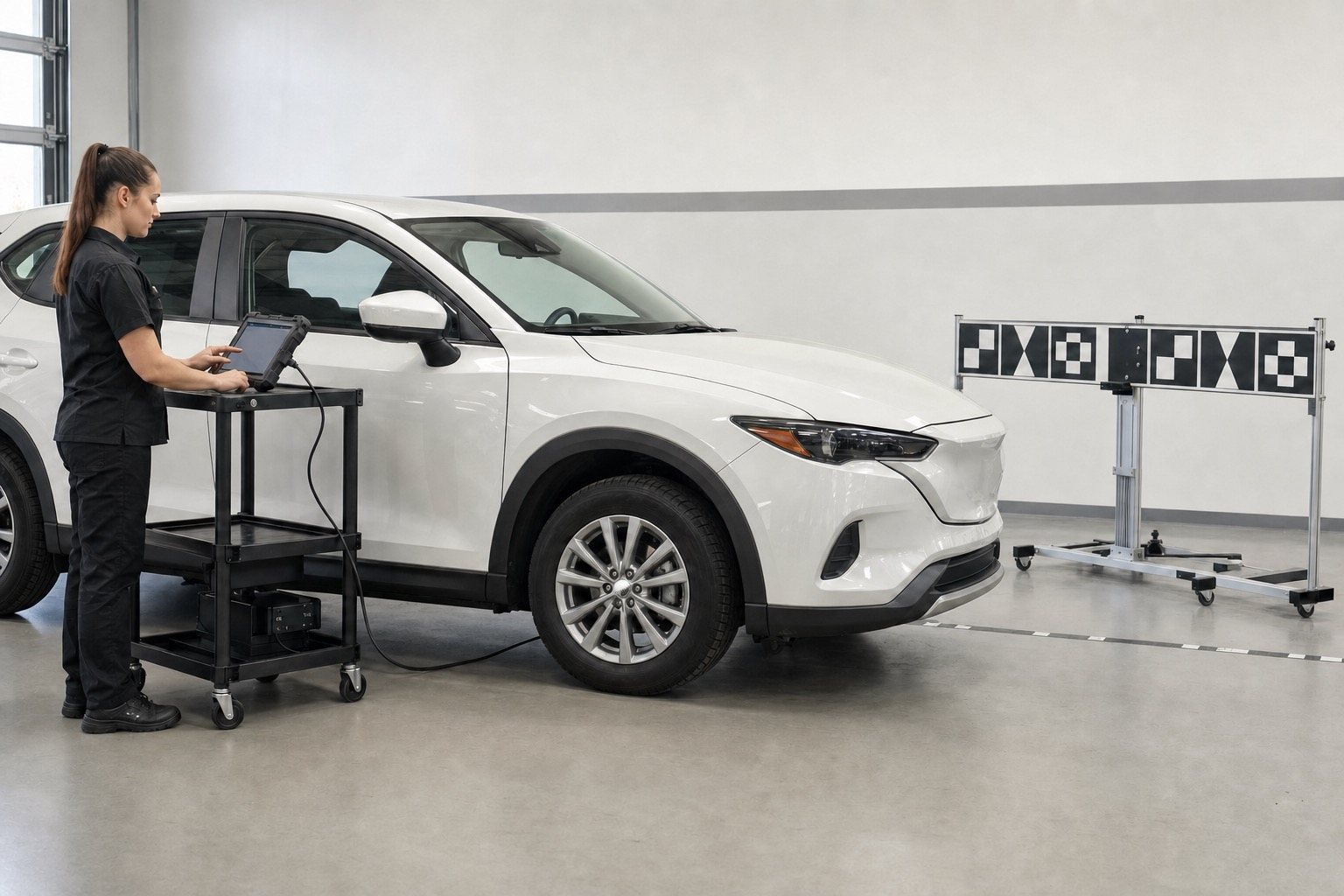 ADAS technician using a diagnostic tablet beside a windshield camera and calibration target.