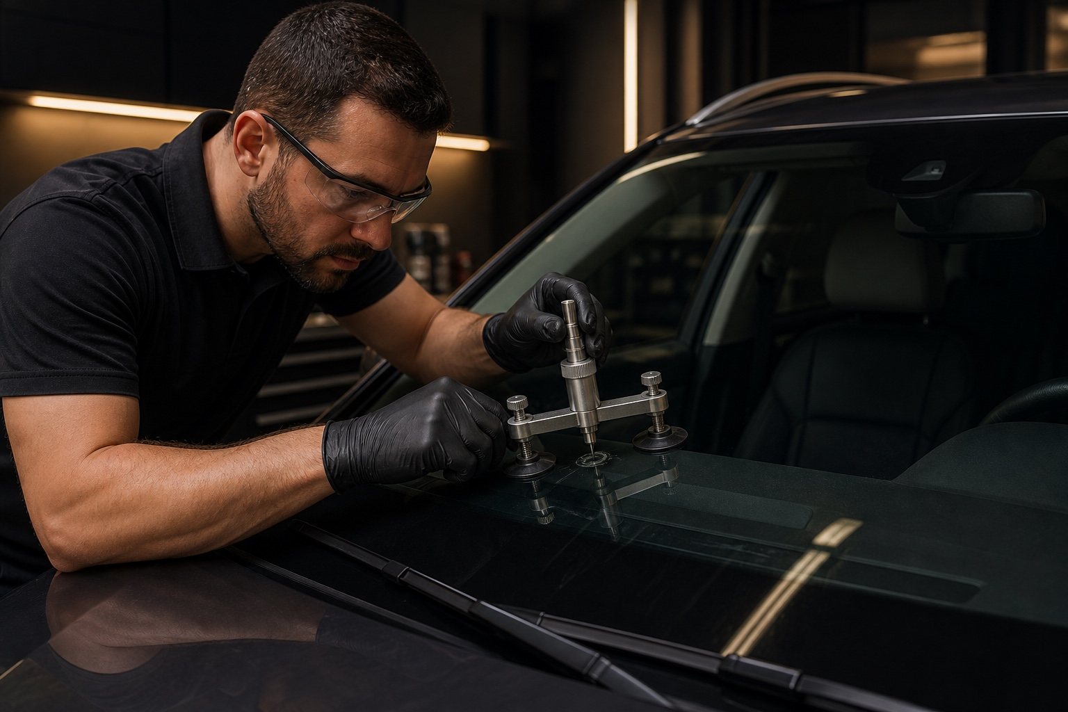 Auto glass technician using a professional repair bridge on a small windshield chip.