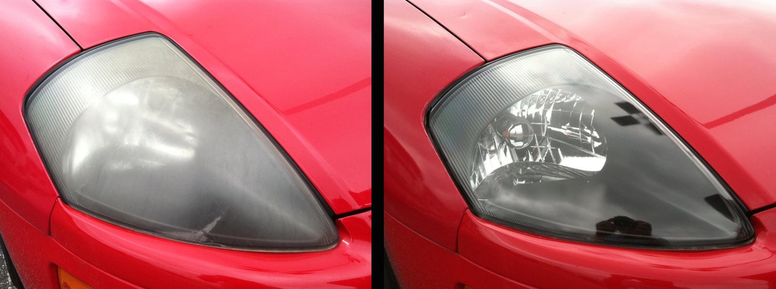 Documented side-by-side comparison of a cloudy headlight before restoration and the same lens after restoration.