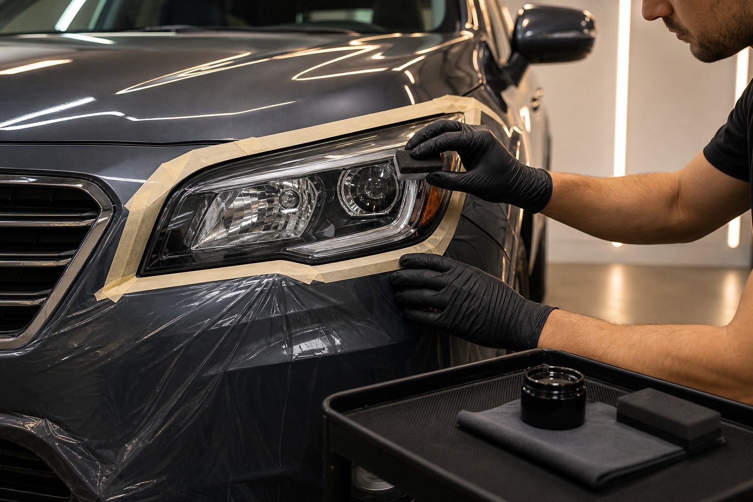 Gloved technician applying a protective coating to a freshly restored masked headlight lens.