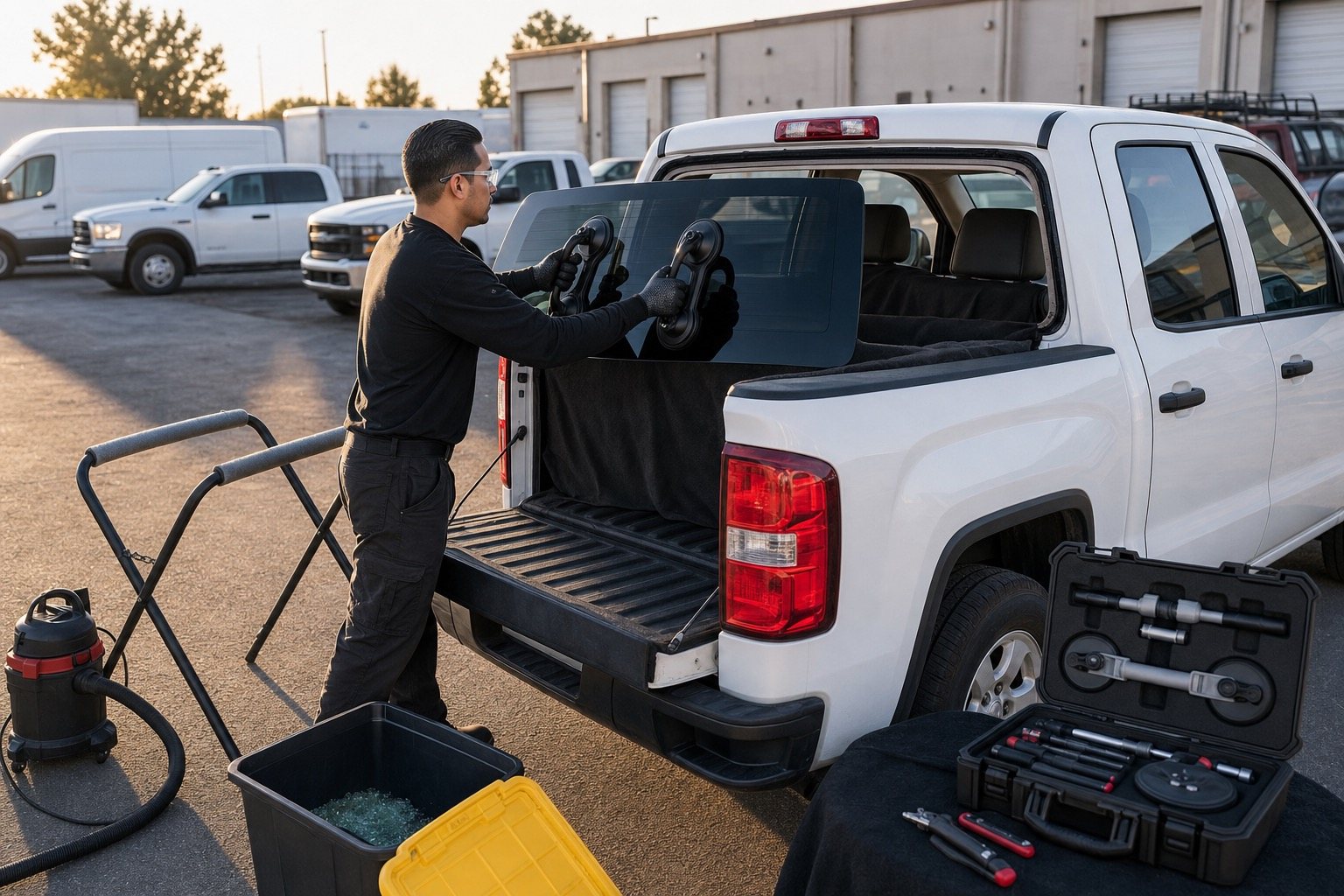 Mobile technician positioning replacement pickup rear glass with suction lifters at a fleet yard.