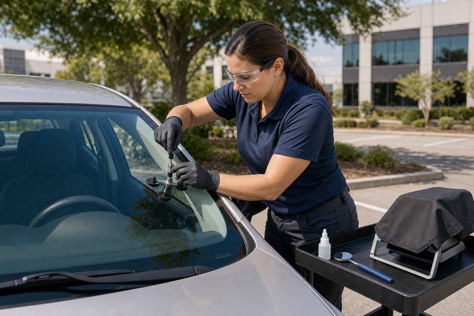 Mobile technician using a resin bridge to repair a small windshield chip in an office parking lot.