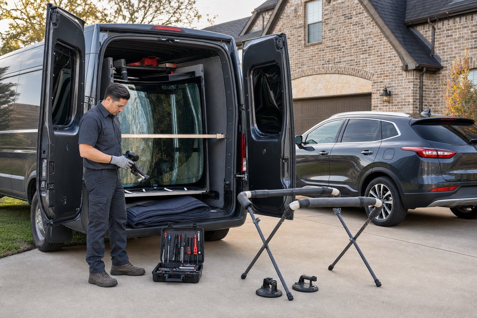 Mobile auto glass technician preparing a windshield and organized tools beside an unbranded van at a home.