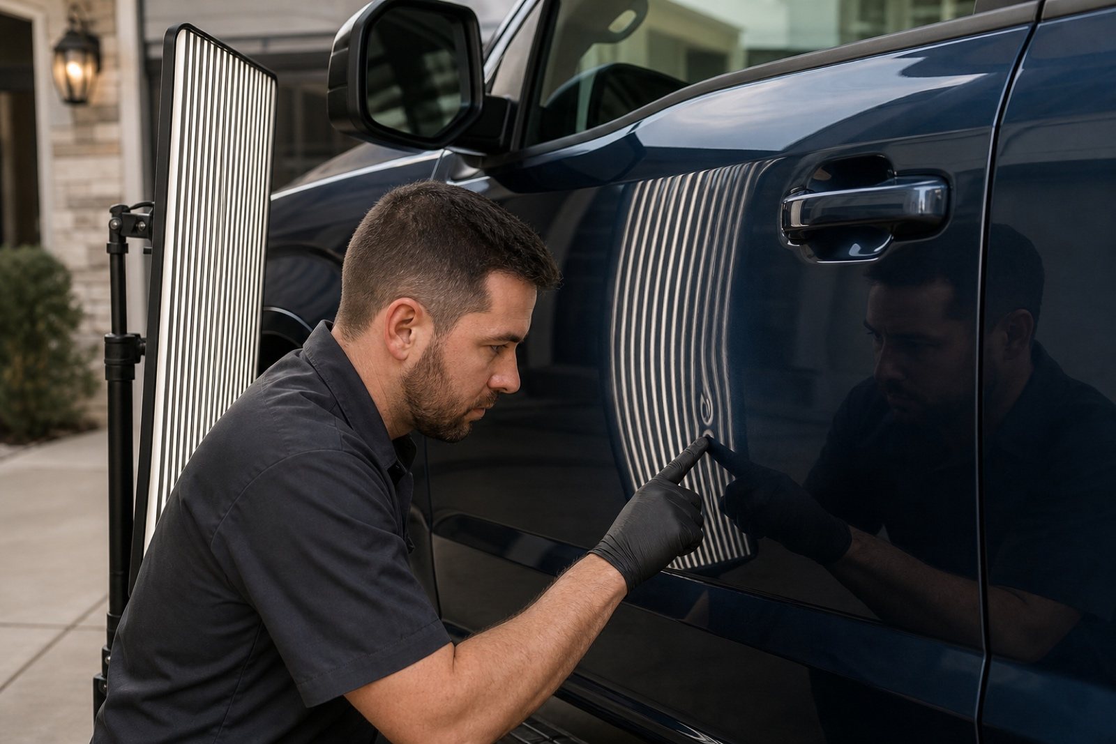 Paintless dent repair technician inspecting a shallow door ding on a dark blue pickup with a striped reflection light.