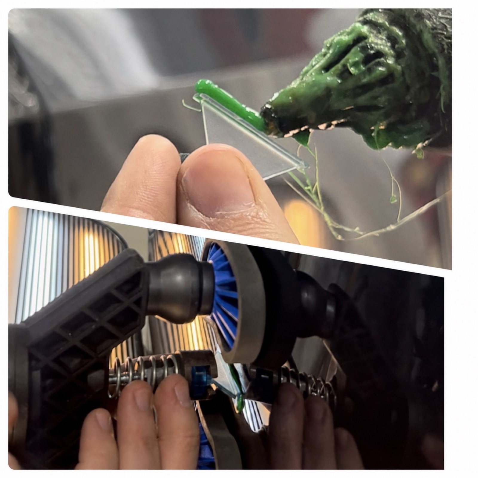 Two-frame paintless dent repair process showing adhesive applied to a glue tab and a mini lifter drawing the panel outward.