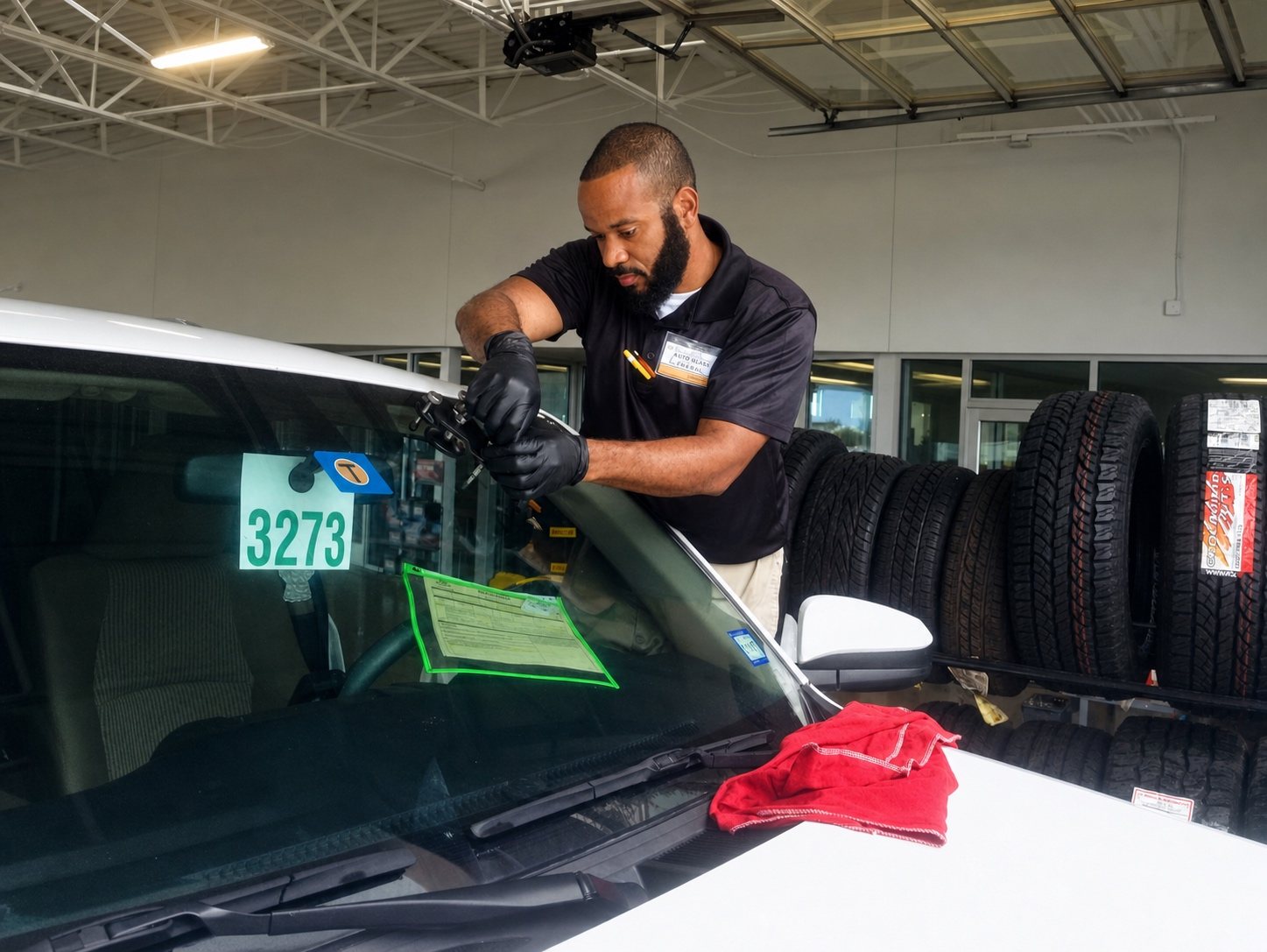 Auto Glass General technician performing a windshield chip repair with a professional resin bridge.
